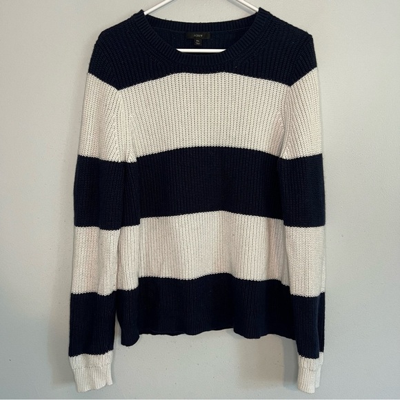 J Crew Womens' XL Cashmere Cotton Cable Knit Sweater Navy Blue White Colorblock - Picture 1 of 10